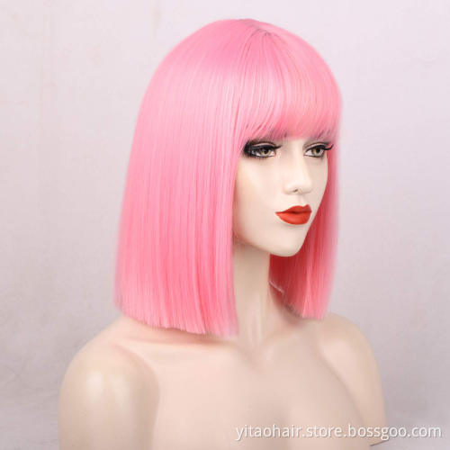 Pink Bob  Wig with Bangs Short Straight Synthetic Hair Wigs for  Women Neon Pink Shoulder Length Wig for Daily Cosply Party Use